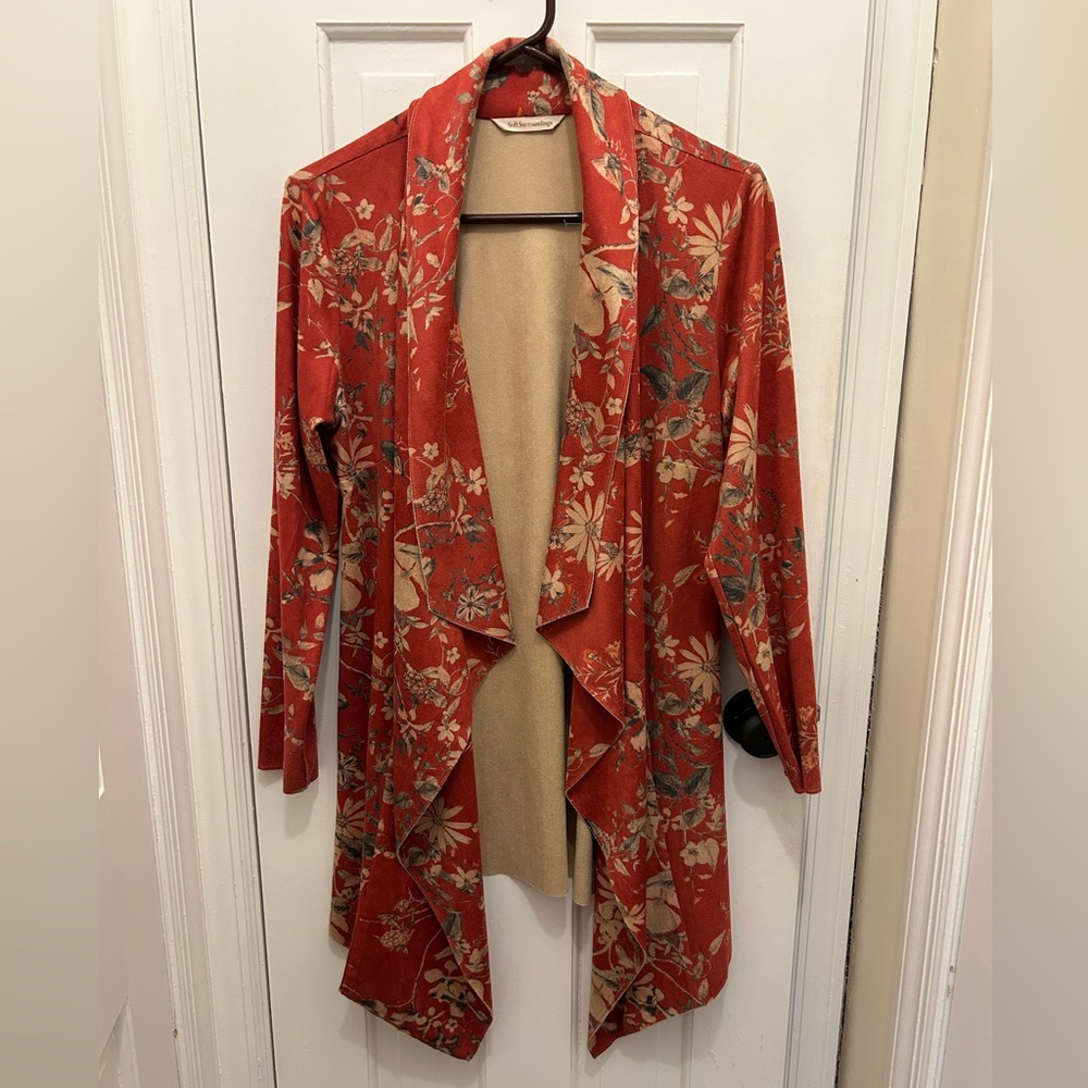 SOFT SURROUNDINGS FLORAL OPEN FRONT FAUX SUEDE CARDIGAN JACKET SIZE MEDIUM